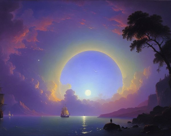 Twilight Seascape with Ships and Colorful Clouds