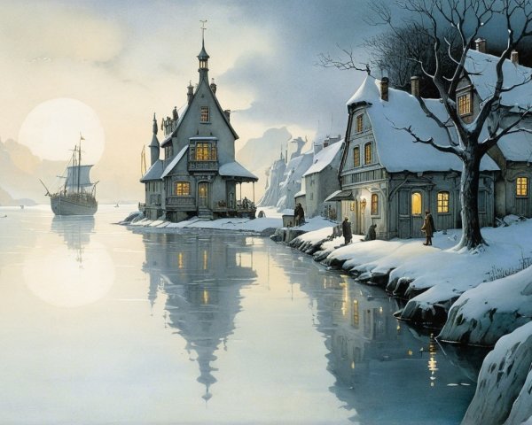 Serene Winter Landscape with Village and Frozen River