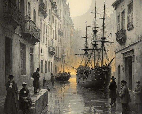 Tranquil Harbor Scene at Dusk with Tall Ships