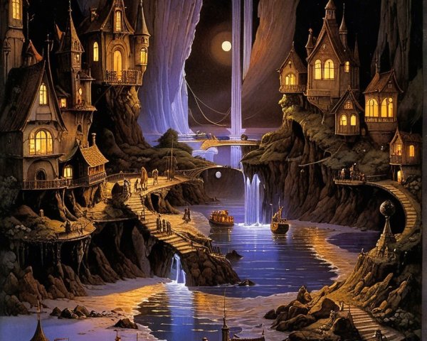 Whimsical Night Scene of Cottages and River