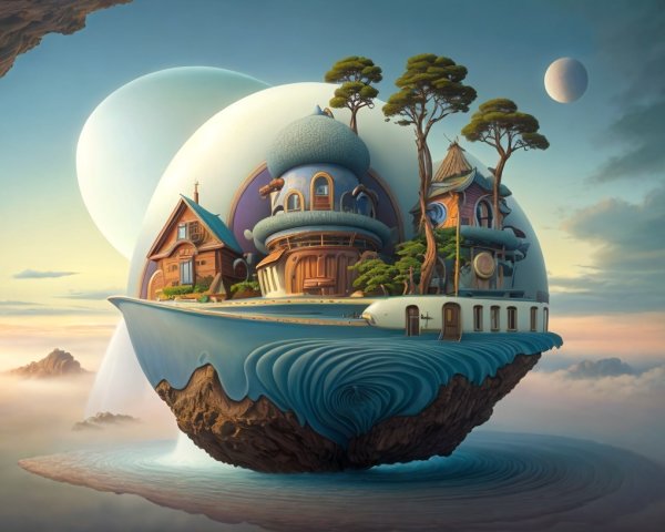 Whimsical Floating Island with Unique Houses and Nature