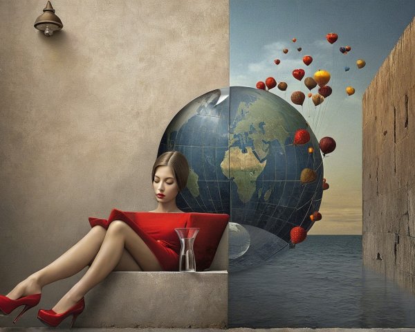 Woman in red dress against surreal globe backdrop
