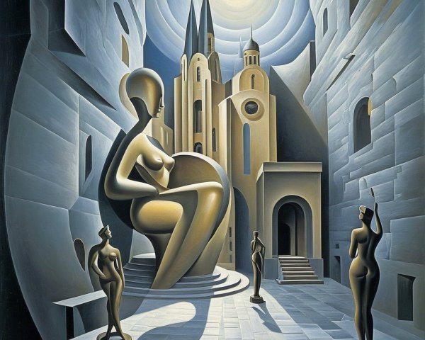 Surreal Urban Landscape with Abstract Figures and Sun