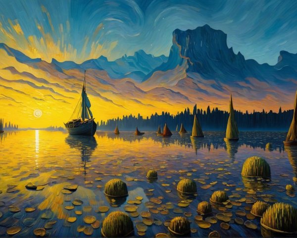 Tranquil Sunset Scene with Sailboat on Lake