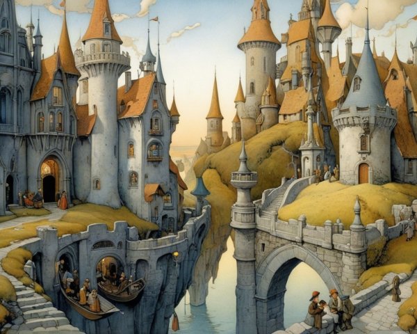 Whimsical Village with Castles and Serene River