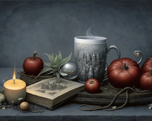 Still Life with Mug, Pumpkins, Candle, and Flowers