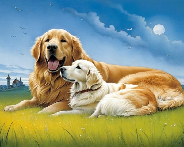 Golden Retrievers Relaxing in a Scenic Landscape