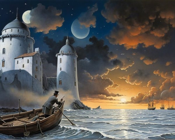 Serene Sunset with Lighthouses and Two Moons
