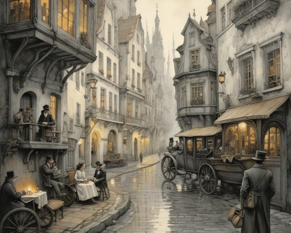 Cobblestone Street with Historical Buildings and Carriages