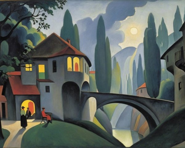 Serene Twilight Landscape with Village and River