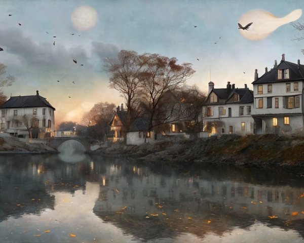 European-style houses and stone bridge in serene twilight riverside scene
