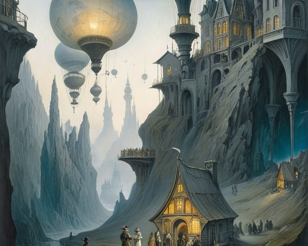 Cottage by Stream with Balloons and Castles at Night