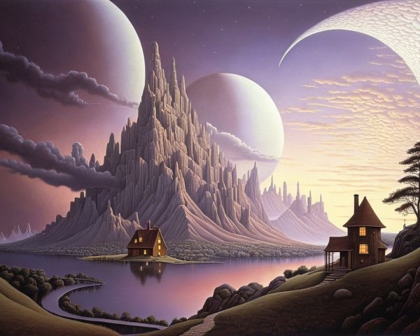 Surreal landscape with mountains, lake, and celestial bodies