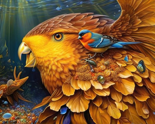 Underwater Scene with Golden Bird and Colorful Creatures