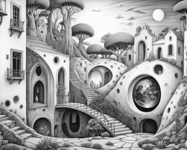 Surreal Black-and-White Landscape with Unique Architecture