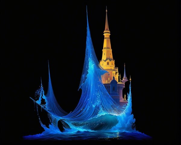 Castle Surrounded by Vibrant Waves and Golden Light