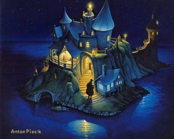 Whimsical castle on rocky island at night scene