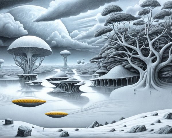Surreal Landscape with Mushroom Trees and Hovering Crafts