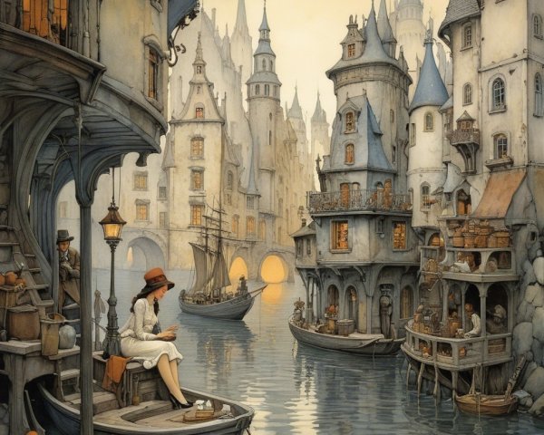 Whimsical Townscape by a Tranquil River with Lanterns