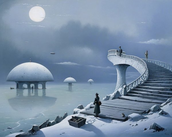 Surreal Landscape with Grand Staircase and Airships