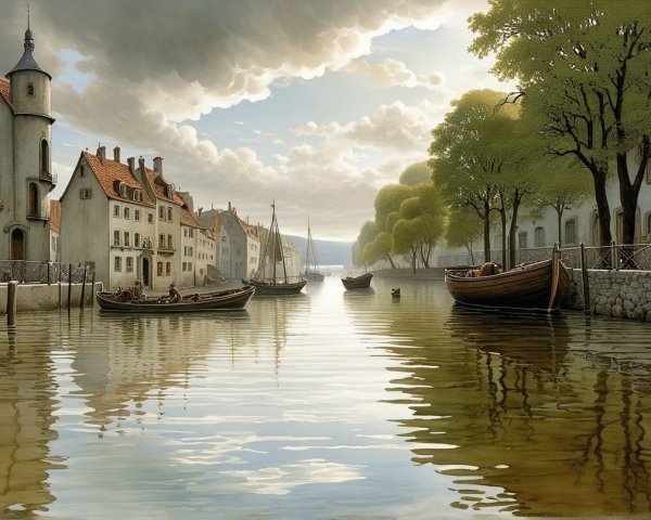 Serene canal scene with historical buildings and boats
