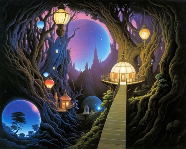 Magical landscape with ancient trees and whimsical houses