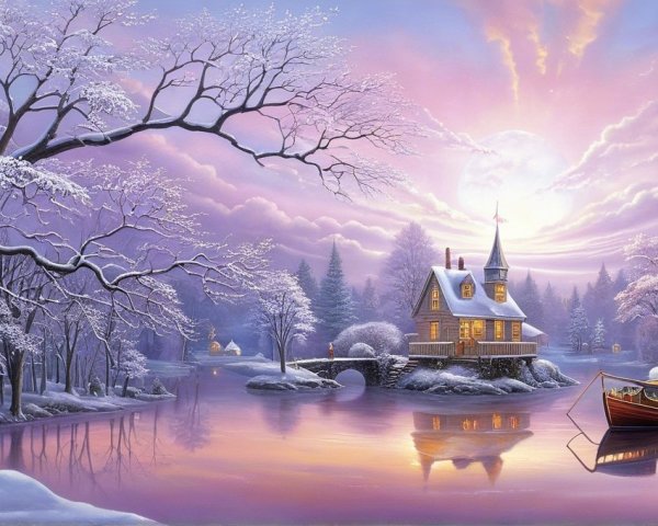 Tranquil Winter Landscape at Sunset with Snow and Water