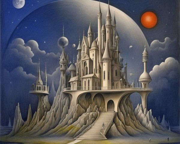 Majestic Castle in Mountainous Landscape at Night