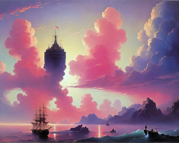 Dramatic Seascape with Tower and Sailing Ship