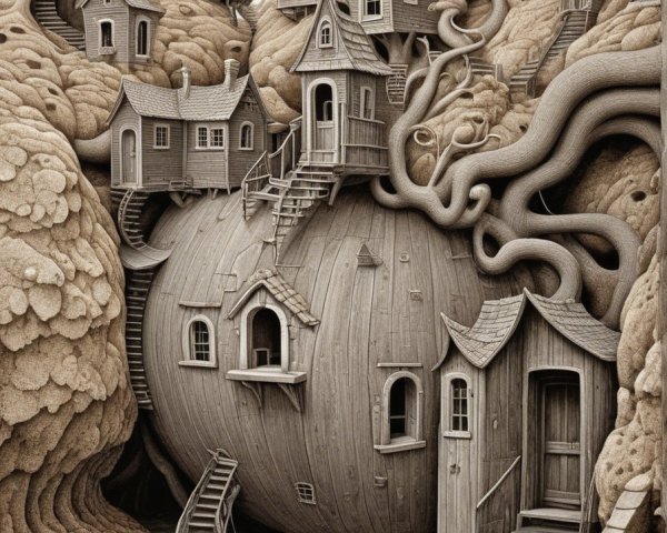 Whimsical Landscape with Unique Apple-Shaped Home