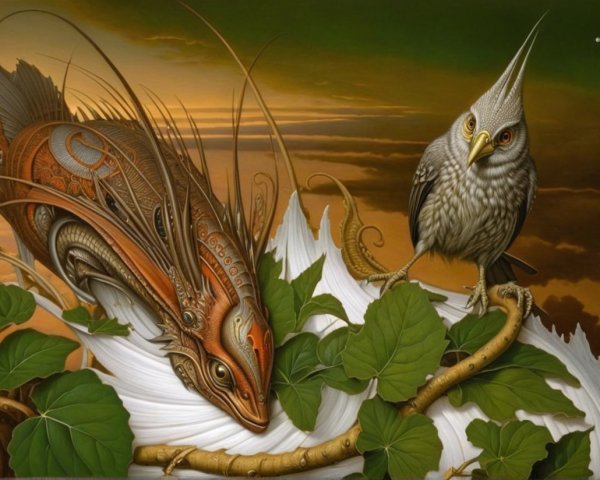 Fantastical Scene with Fish and Bird in Sunset Setting