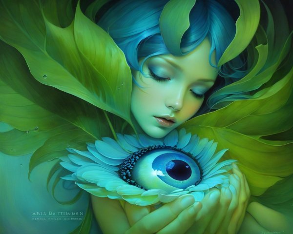 Ethereal Figure with Blue Hair Embracing a Blossom Eye