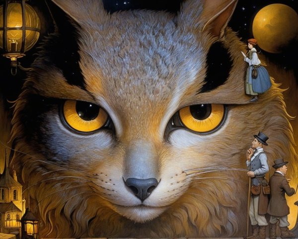 Mystical Cat Under Starry Sky with Awe-Struck Figures