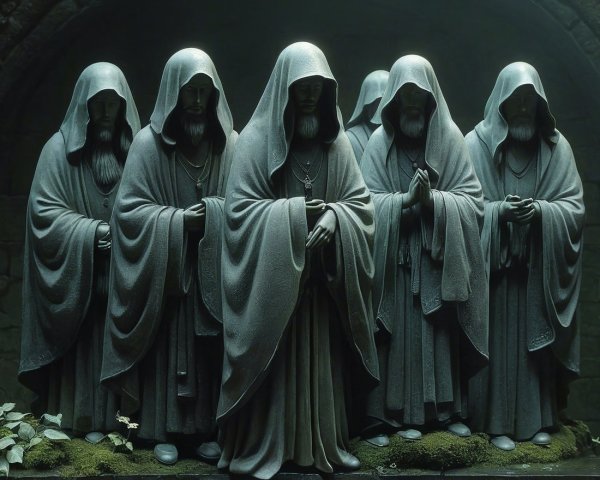 Hooded Stone Figures in Dimly Lit Environment