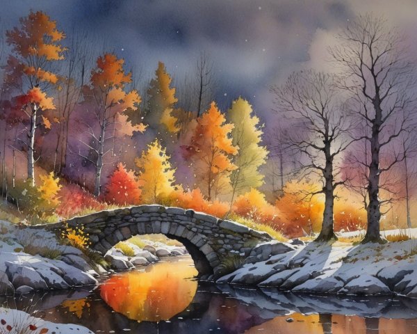 Autumn Landscape with Stone Bridge and Vibrant Trees