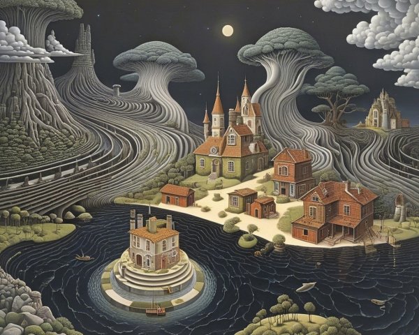 Surreal Landscape with Whimsical Houses and Moonlight