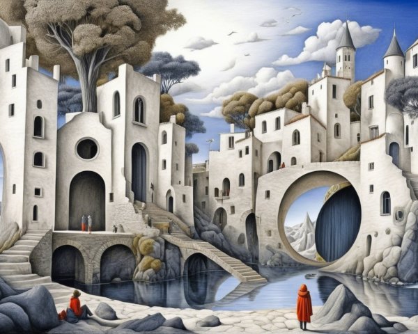 Surreal Landscape with Abstract Buildings and Nature