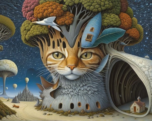 Colossal Cat with Tree Head in Surreal Landscape