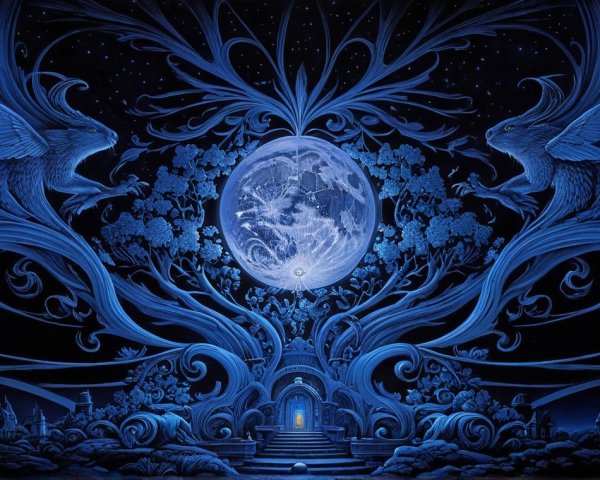 Majestic birds and luminous moon in a blue scene