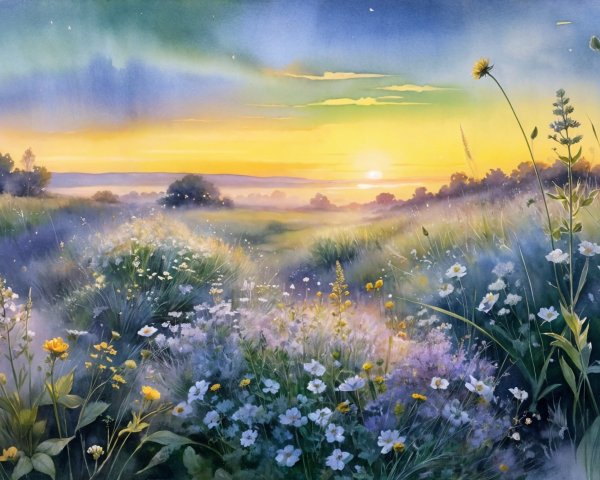 Serene Dawn Landscape with Rolling Hills and Wildflowers