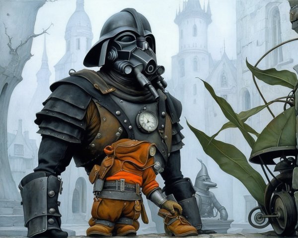 Armored Figure and Creature in a Fantasy Landscape