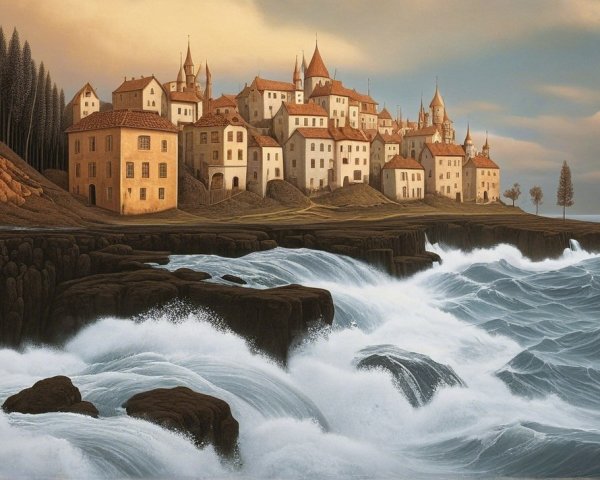 Coastal Village with Cliffs and Sunset Glow