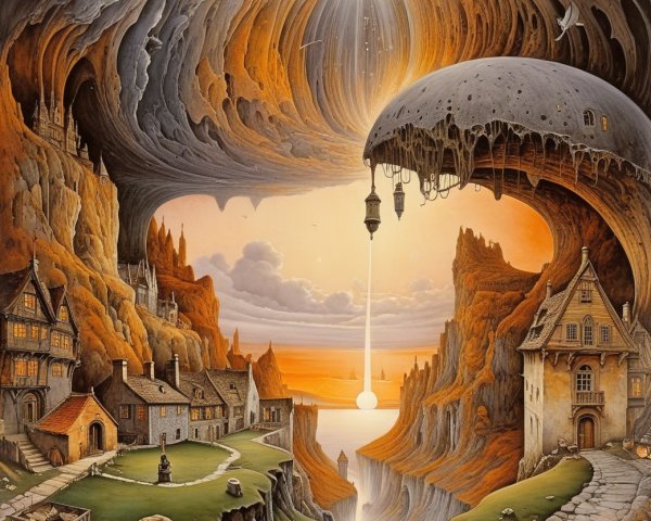 Surreal Landscape with Whimsical Houses and Waterfall