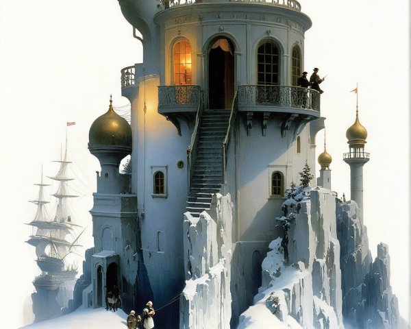 Snow-Covered Tower with Golden Domes and Adventure Theme