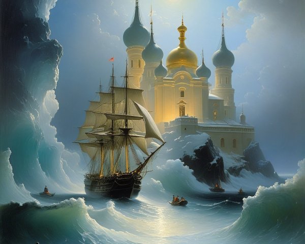 Majestic castle under moonlight with stormy ocean scene