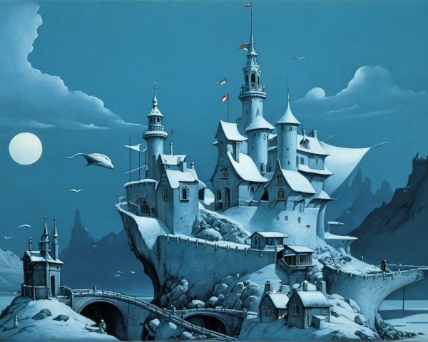 Ornate castle in a snowy landscape under a glowing moon