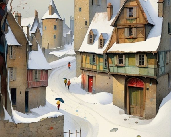 Charming Winter Village Scene with Snowy Landscape