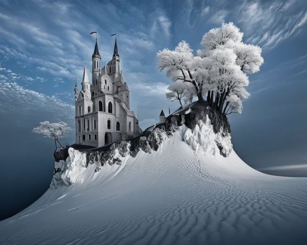 Castle on Snowy Mountain with Frost-Covered Trees