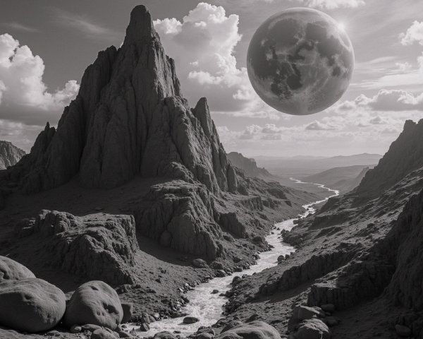 Otherworldly Black and White Landscape with Moon