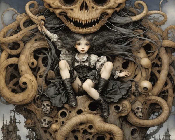 Gothic Scene with Young Girl and Monstrous Figure